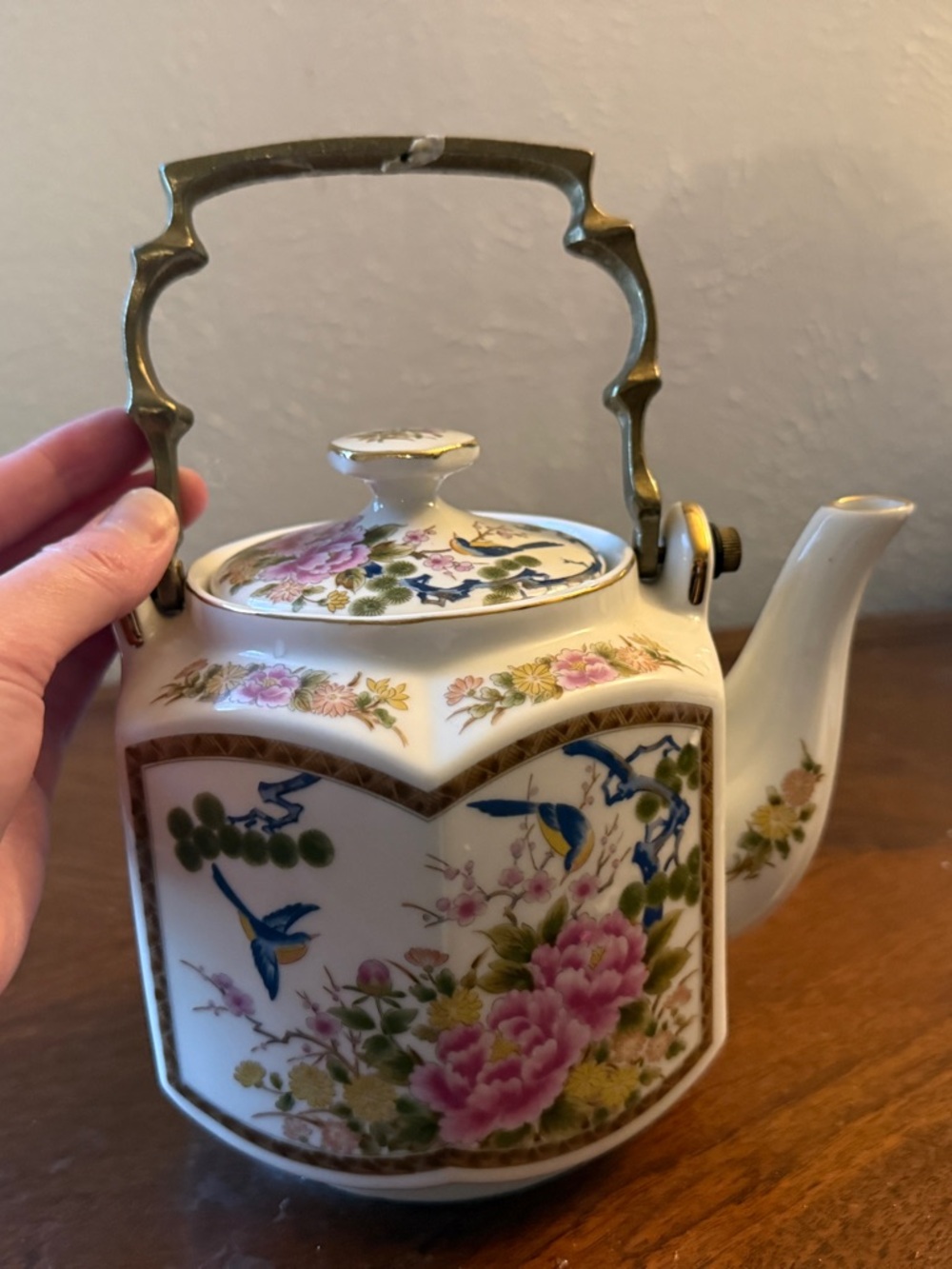 Homco Floral Porcelain Teapot with Brass Handle - Pink & Blue
